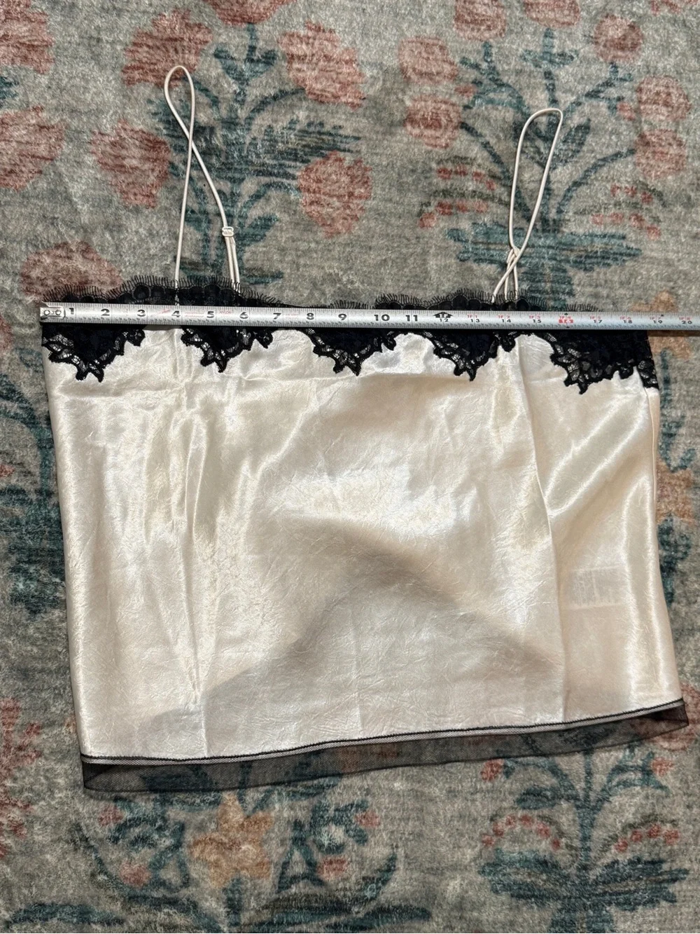 J. Crew Cream Textured Satin Cami with Black Lace Trim